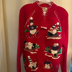 Tiara Red Sweater with Snowman and Penguin Design